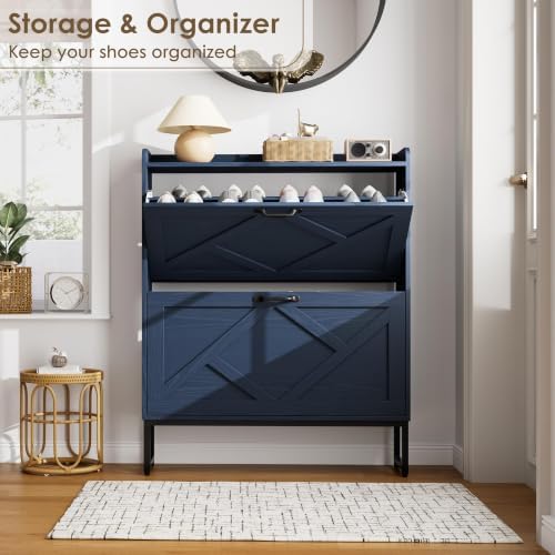 Nicetree Shoe Storage Cabinet, Shoe Cabinet with 2 Flip Drawers, Narrow Shoe Rack Cabinet, Farmhouse Slim Shoe Cabinet Storage for Entryway,Blue
