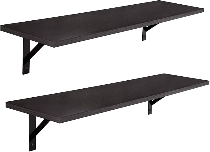 DINZI LVJ Long Wall Shelves, 31.5" Wall Mounted Shelves with Metal Brackets | Floating Book Shelf, Set of 2, Easy Assembly, Max Load 22lbs, Wood Wall Storage Ledges, Living Room/Bathroom/Bedroom Espresso