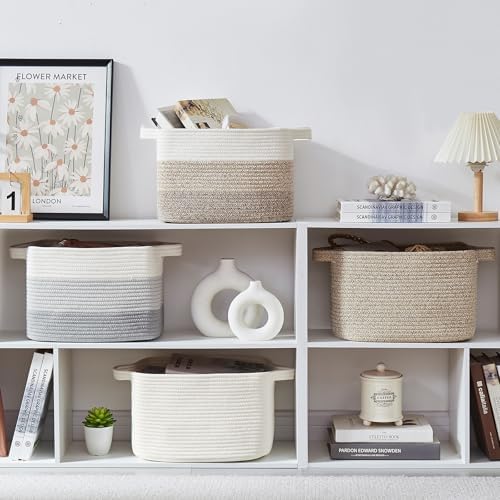 OIASKET Storage Baskets for Organizing, Woven Baskets for Shelves, Rectangle Decorative Organizer for Storage Clothes, Toy, Books, Towels Nursery Bins 3 Pack (Brown & White, 13"x9.85"x8.7")