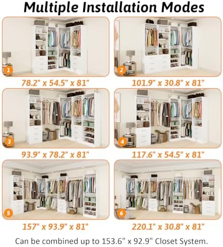 Vomavex Closet System with 4 sets, 101.9" Closet Organizer Systems with 6 Drawers & 8 Hanging Rods & Adjustable Shelves, Walk in Closet Standing Closet System, Corner Closet System Set, White