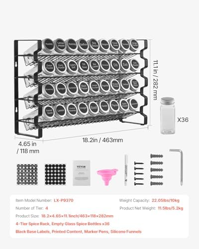 VEVOR Spice Rack Organizer for Cabinet, Spice Organizer with 36 Empty Spice Jars, Lids, Spice Labels, and Funnel Complete Set, Seasoning Organizer for Countertop, Kitchen, Pantry, Cupboard, 18x11 in