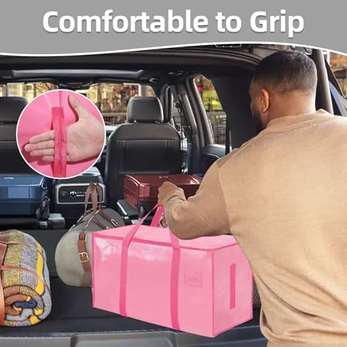 12 Pack-Extra Large Heavy Duty Moving Bags - Waterproof Storage Totes with Handles & Zippers, Foldable for College Dorm, Storage (Pink)