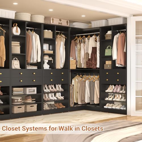 Besiost Closet System with 2 Drawers, 3 Hanging Rods, 59.5" * 31.5" Closet Organizer System with Corner Tower, Reversible L Shaped Walk-in Closet System, Corner Closet System Set of 2, Black