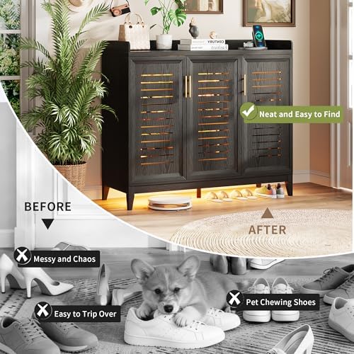 Vlsrka Rotating Shoe Storage Cabinet with Slatted Doors and Lights, Black