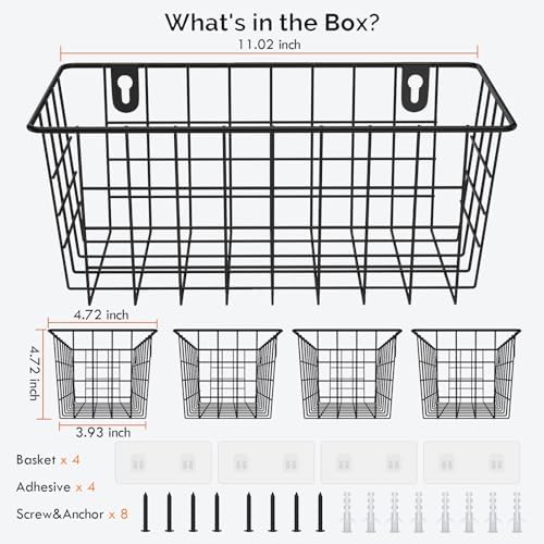 MaraFansie Hanging Wire Baskets Kitchen Storage Basket Adhesive and Screws Basket Over the Cabinet Door Organizer with Adhesive Strips and Screws Accessories, 2 Installations, 4 Pack, Black