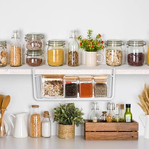 Tebery 4 Pack White Under Shelf Wire Basket Hanging Storage Baskets, Small Add-on Storage Racks Slide-in Cabinet Baskets Organizer for Kitchen Pantry Desk Bookshelf