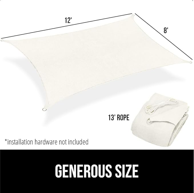 GORILLA GRIP Heavy Duty Sun Shade, UV Protection Fade Tear and Rust Resistant Rectangle Sunshade Canopy, Curved Edges Blocks Sunlight, Breathable Sail, Outdoor Patio, Lawn Garden, 8x12 FT Butter Ivory