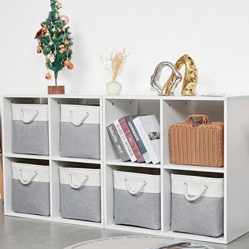 MidmmVick 12 x 12 Inch Cube Storage Bins, 6 Pack Large Collapsible Fabric Storage Bin with Ropes, Foldable Storage Cubes for Home, Office,Closet, Clothes, Toys Organizer (White & Grey)