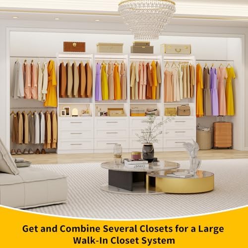 Closet System Set of 3, 6FT-15FT Closet System with 9 Drawers, Walk in Closet System with 6 Hanging Rods Adjustable & 3 Shelves, Modular Custom Closet Organizer Storage System Freestanding, White