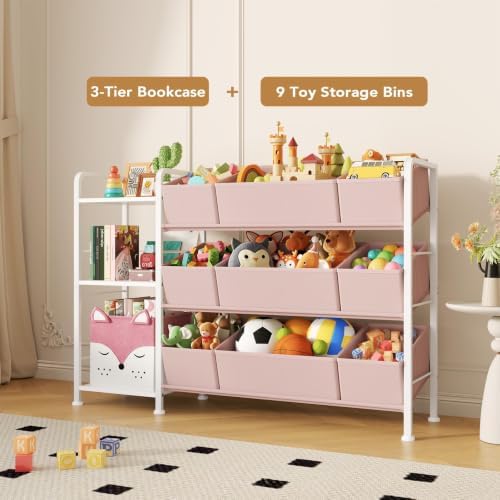 BBLIKE Kids Bookshelf and Toy Storage Organizer with 9 Removable Toy Bins | 43.7"x11.8"x 31.5", Metal Frame, Adjustable Feet, Stuffed Animal Storage Rack for Playroom, Bedroom, Nursery, Pink