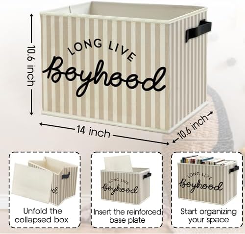 Black Long Live Boyhood Boys Storage Bins Box with Handles, Beige Stripe Collapsible Basket Organizer for Kids Teen Boy Nursery Room Bedroom Bathroom Playroom Books Clothes