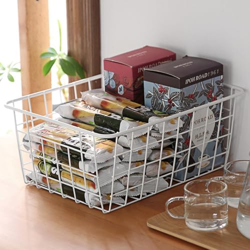 4 Pack White Wire Baskets for Pantry, 11" Upright Wire Freezer Storage Bins with Handles, Small White Metal Storage Basket for Freezer Organizing Office Kitchen Closets