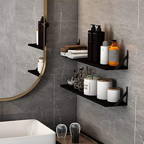 YGEOMER 4 Different Sizes Floating Shelves for Wall Home Decor, Black | Rustic wood shelves in mixed sizes for flexible combined storage. Fits bathroom, kitchen, living room, bedroom and office.