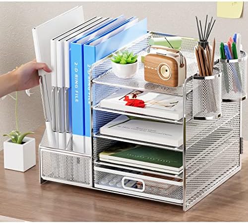 Marbrasse Desk Organizer with File Holder, 5-Tier Paper Letter Tray Organizer with Drawer and 2 Pen Holder, Mesh Desktop Organizer and Storage with Magazine Holder for Office Supplies (Silver)