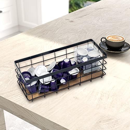 TIEYIPIN Farmhouse Small Metal Wire Storage Basket Bin, Rustic Home Storage Organizer with Wooden Bottom for Kitchen, Cabinets, Bathroom Counter, Pantry, Garage, Laundry Room - Black (4 Pack)
