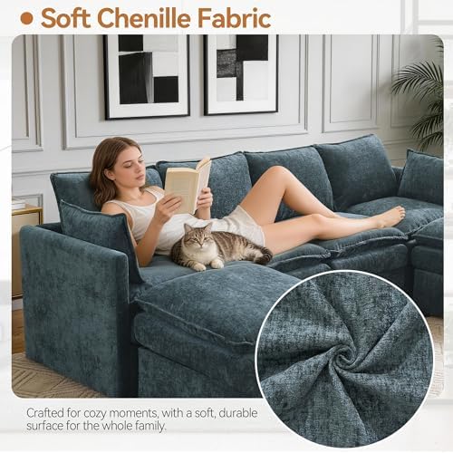 80" Modular L Shaped Storage Sofa with Ottoman, Cloud Sectional Sofa with Hidden Storage, Modern Chenille Couch with Ottoman for Living Room, Blue