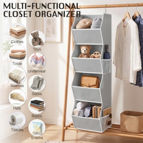 Hanging Closet Organizer 4-Shelf Wide Trapezoid, Grey
