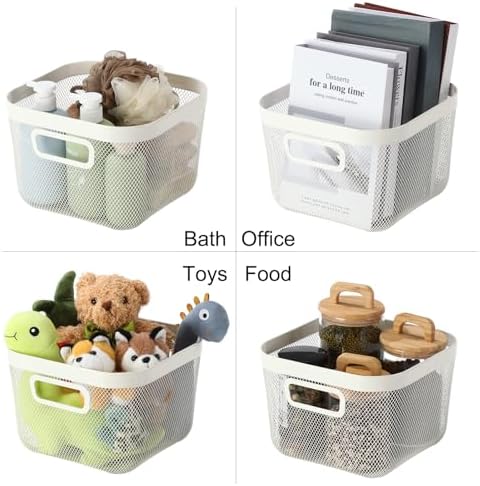 MorningRo 4 Pack Metal Mesh Basket with Hollow Handles White Wire Storage Bin for Organizing Stackable Metal Fine Mesh Basket for Pantry Bathroom Kitchen Cabinets Shelves (Large)