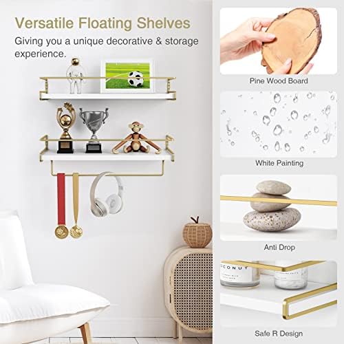 Forbena Floating Bathroom Shelves Wall Mounted, Aesthetic White and Gold Shelves for Bathroom Accessories, Modern Bathroom Organizer with Tower Bar for Wall Decor Storage Small Spaces, Set of 2