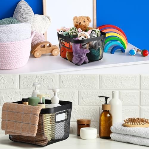 MorningRo 1 Pack Metal Mesh Basket with Hollow Handles Black Wire Storage Bin for Organizing Stackable Metal Fine Mesh Basket for Pantry Bathroom Kitchen Cabinets Shelves (Medium)