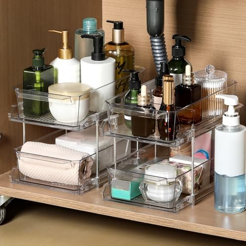 2 Set, 2 Tier Clear Organizer with Dividers for Cabinet, Shlef, Counter - MultiUse Slide-Out Storage Container - Kitchen, Pantry, Medicine Cupboard Bins, Bathroom, Vanity Makeup, Under Sink Organizing