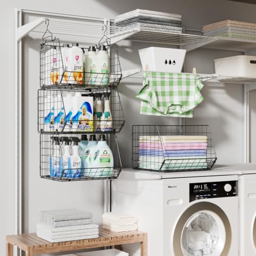 X-cosrack 4 Tier Hanging Closet Organizer Foldable Hanging Storage Basket | Freestanding Closet Organizers and Storage with 5 S Hook, Small Space Solution for Closet Laundry Room Patent-Black (11.8" D)