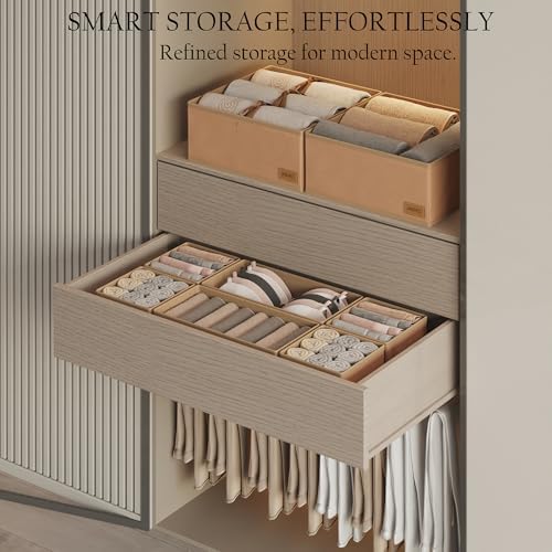 Dresser Drawer Organizer Clothes, 6 Pack Foldable Storage Boxes with Zipper, 600D Fabric, Cream, Drawer Dividers for Underwear, Socks, Baby Clothes