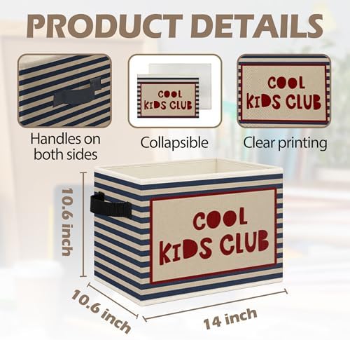 Kids Foldable Storage Bins Box with Handles, Cool Kids Club Blue Striped Collapsible Toys Books Clothes Organizer Basket for Boy Girl Nursery Playroom Room Bedroom Bathroom Playroom