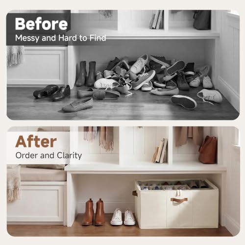StorageWorks 24-Pair Large Closet Shoe Organizer, Adjustable Divider, Beige | Holds up to 24 Pairs, Foldable, Clear Lid, Reinforced Handles, Fits Sneakers, Boots & Heels, For Living Room, Bedroom