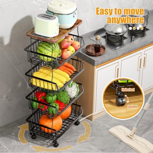 Gsiekare 5 Tier Fruit and Vegetable Basket for Kitchen with Wheels