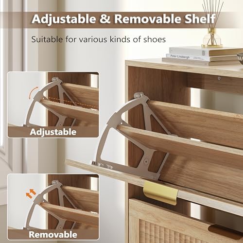 BORNOON Shoe Cabinet for Entryway with 3 Flip Drawers, Slim Wooden Shoe Storage Organizer with Modern Fluted Pannel,Freestanding Narrow Hidden Shoe Rack for Hallway, Foyer, Living Room