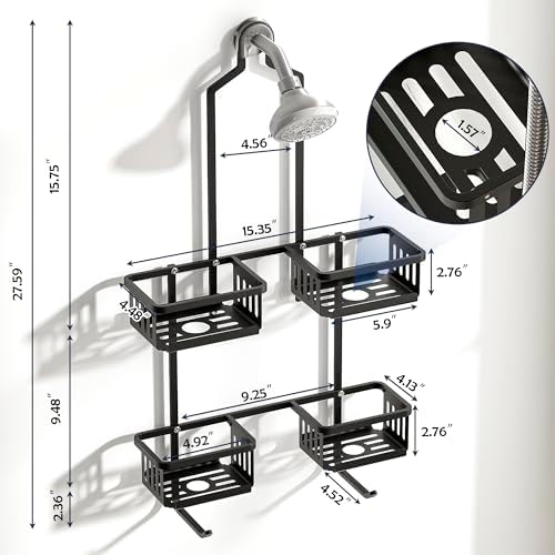 Aluminum Shower Caddy Hanging for Handheld Showerheads, Never Rust Shower Organizer with Hooks Holder Toothbrush Holder,Over Showerhead Caddy for Bathroom, Black
