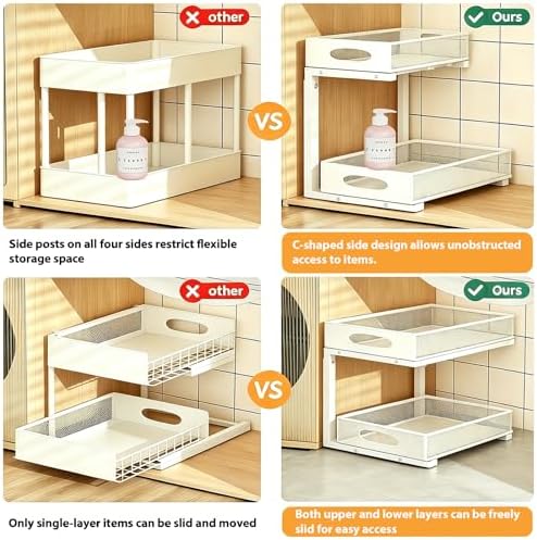 2 Pack Under Sink Organizer, 2-Tier Pull Out Kitchen Cabinet Organizer, Height Adjustable Metal Slide Out Bathroom Organizers and Storage Makeup Drawer Organizer for Office Bedroom(A-White, 2Pack)