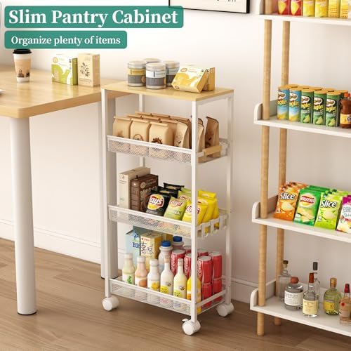 4-Tier Slim Utility Rolling Laundry Cart with Wheels, Easy to Assemble | 9.1" Wide for Narrow Spaces, Wood Top with Metal Frame, Mobile Storage Shelves for Bathroom, Kitchen, Office