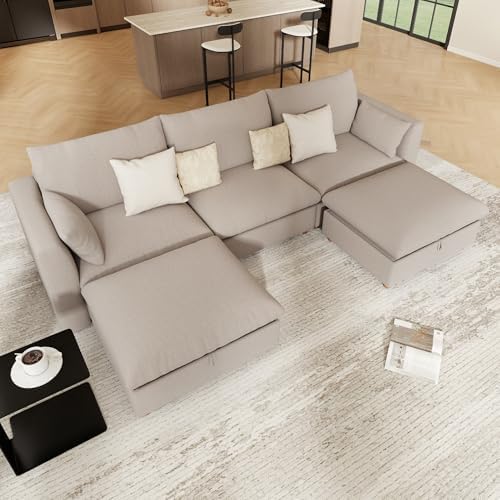 WorthFurni Oversized Modular Sectional Sofa,111" U Shape Sectional Cloud Couch with Storage Ottoman,Comfty 5 Seat Modular Sofa for Living Room,Sand Chenille