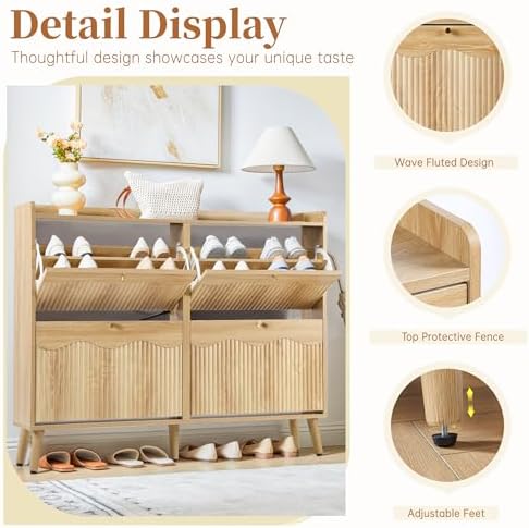 BERRYMERRY Natural 47.2” Shoe Storage Cabinet with 4 Flip Drawers