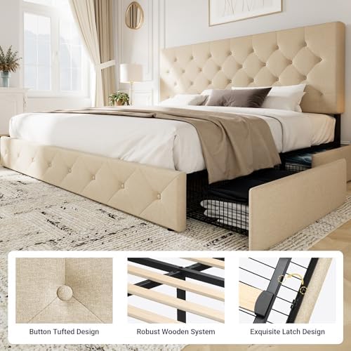 Allewie King Size Storage Bed Frame with 4 Underbed Drawers, Beige