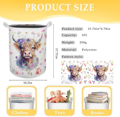 Floral Highland Cow Laundry Basket, Toybox for Girls Room, Gifts for Cow Lovers Women Laundry Hamper Waterproof Collapsible Storage Bin Organizer for Bedroom Bathroom Girls Room Dorm