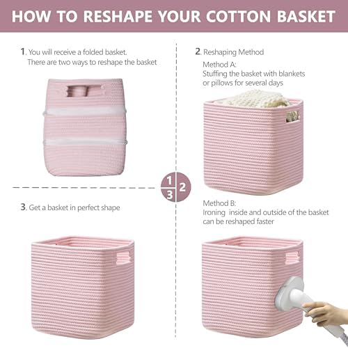 UBBCARE Storage Cubes 11 Inch, Cotton Rope Woven Baskets for Organizing, Cube Storage Bin for Baby Nursery, 4-Pack Square Toy Storage Baskets for Shleves Organizer, Closet, Kidsroom, Pink