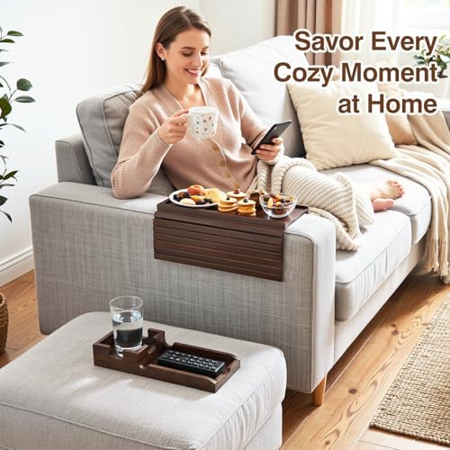 Couch Arm Tray, 2-in-1 Split Design Sofa Armrest Tray for Couch | Anti-Slip Couch Armrest Table, Foldable Couch Tray for Arm, for Dessert, Phone, Control, Cups, Brown