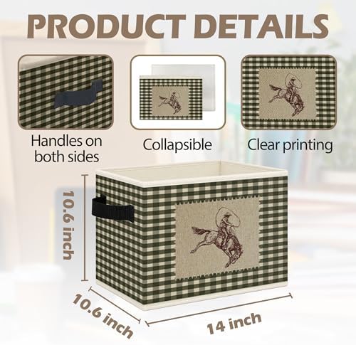 Vintage Western Cowboy Foldable Storage Bins Box with Handles, Retro Neutral Gingham Cowboy Horse Collapsible Toys Books Clothes Organizer Basket for Bedroom Bathroom