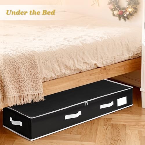 Criusia Gift Wrapping Paper Organizer Storage, Durable Underbed Storage Container Fits 24 Rolls, with Removable Dividers and Pockets for Ribbon, Ornaments, Holiday Accessories, Black