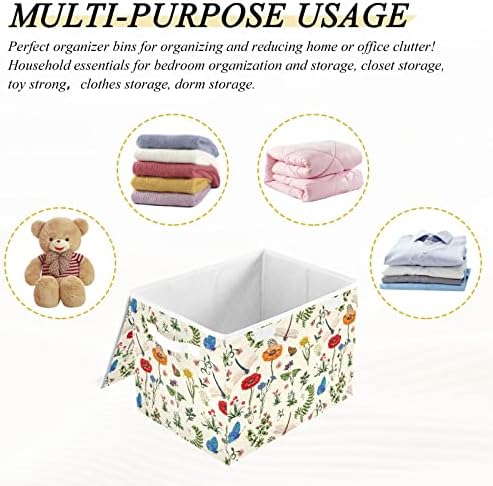 senya Large Storage Bins with Linen Summer Dragonflies Butterflies Poppies Flowers Collapsible Foldable Storage Cubes Fabric Closet Organizer Containers Box with Flip-Top Lid for Home Bedroom Office