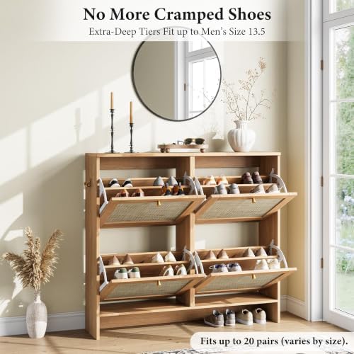 Nicetree Modern Rattan Shoe Cabinet, 4 Flip Drawers & Adjustable Shelves, Ultra Slim Freestanding (9.5” Deep), Holds 24+ Pairs, Narrow Shoe Storage Cabinet with Anti-Tip Safety,Sun-Drenched Ambe