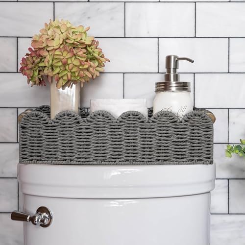CubesLand Bathroom Basket Organizer, Toilet Tank Paper Storage Baskets 2PK | Scalloped Decorative Basket for Countertop w/Handle, Wicker Basket for Bathroom Decor, Home Decor, Living Room, Grey