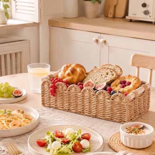 4PCS Baskets for Bathroom, Toilet Paper Basket with Wooden Handles, Scalloped Paper Rope Storage Organizer, Wicker Storage Baskets for Bathroom or Living Room