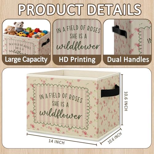 Wildflower Nursery Cube Storage Bins with Handles, in a Field of Roses She Is a Wildflower Girls Collapsible Fabric Storage Basket Boxes Toys Books Clothes Organizer for Girls Bedroom Bathroom