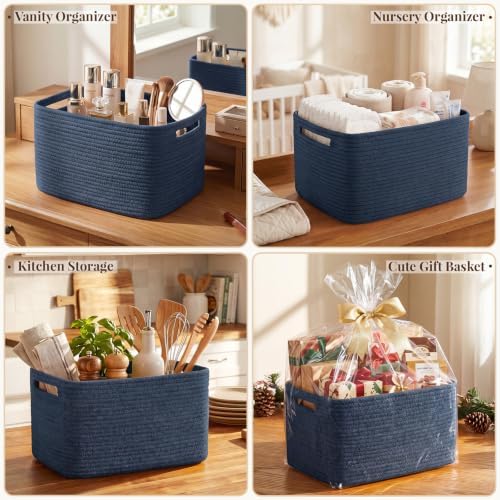 OIASKET 4Packs Natural Cotton Rope Storage Baskets for Organizing Toys, Clothes, Towels & Books, Soft Versatile Organizers for Shelves, Home Decorative Bins, 13''Lx9''Wx7.8''H, Blue