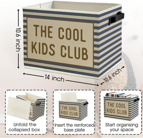 Blue Striped Kids Storage Bins Box with Handles, the Cool Kids Club Collapsible Basket Organizer for Classroom Boys Girls Room Bedroom Nursery Playroom Books Clothes