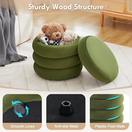 Round Velvet Storage Ottoman, Green